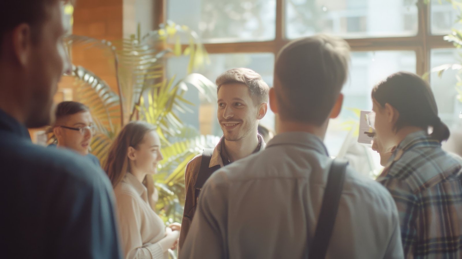 Een groep mensen in gesprek tijdens een sociale bijeenkomst, als beeld van verbinding en vrede dichtbij