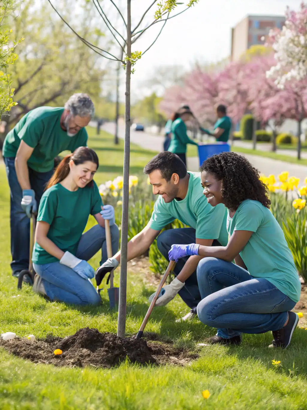 Volunteers working together on a community project, planting trees and cleaning up a local park, demonstrating their commitment to social responsibility.