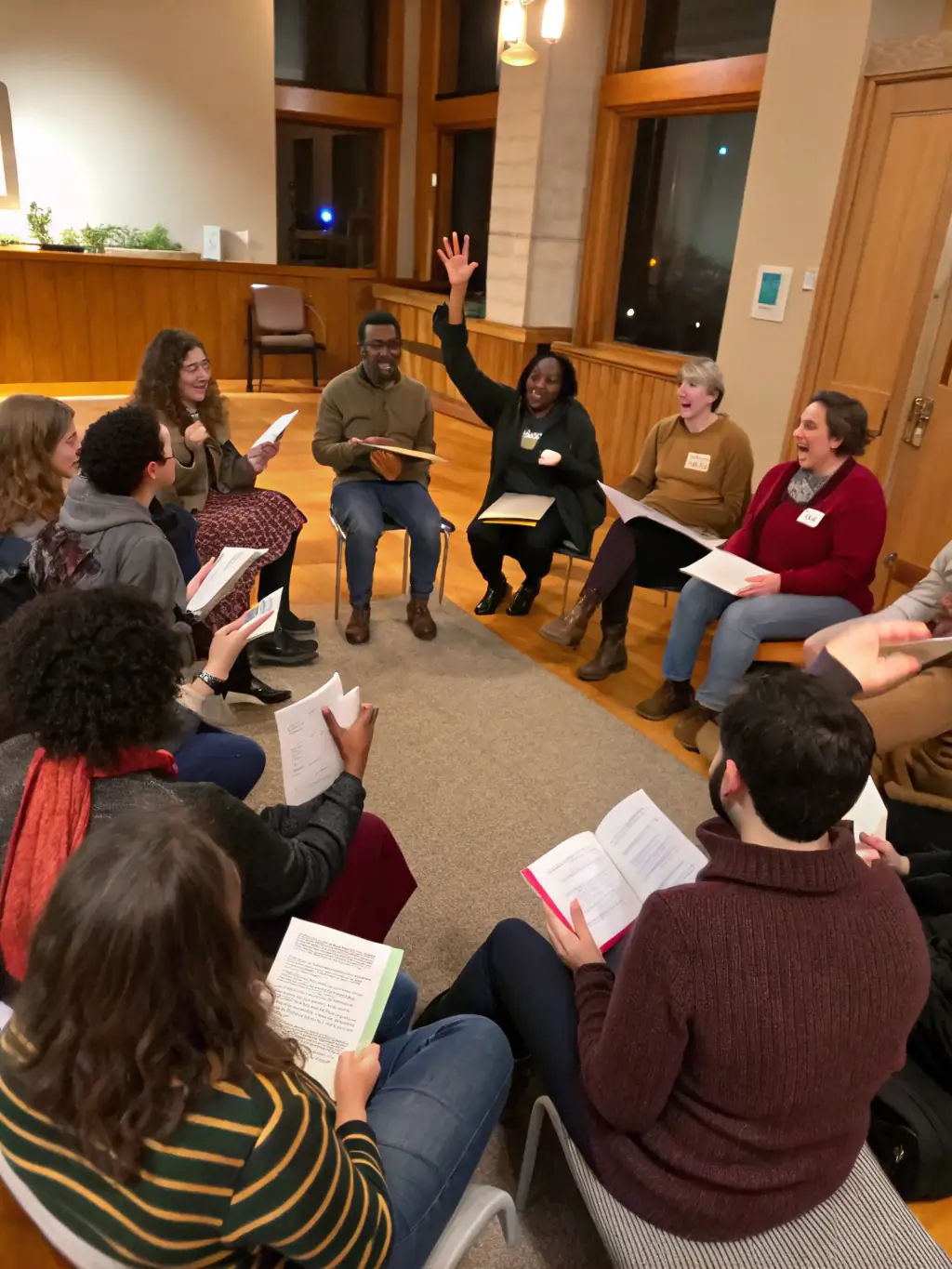 A photo of a workshop session where participants from different cultural backgrounds are engaged in a lively discussion, representing intercultural dialogue.