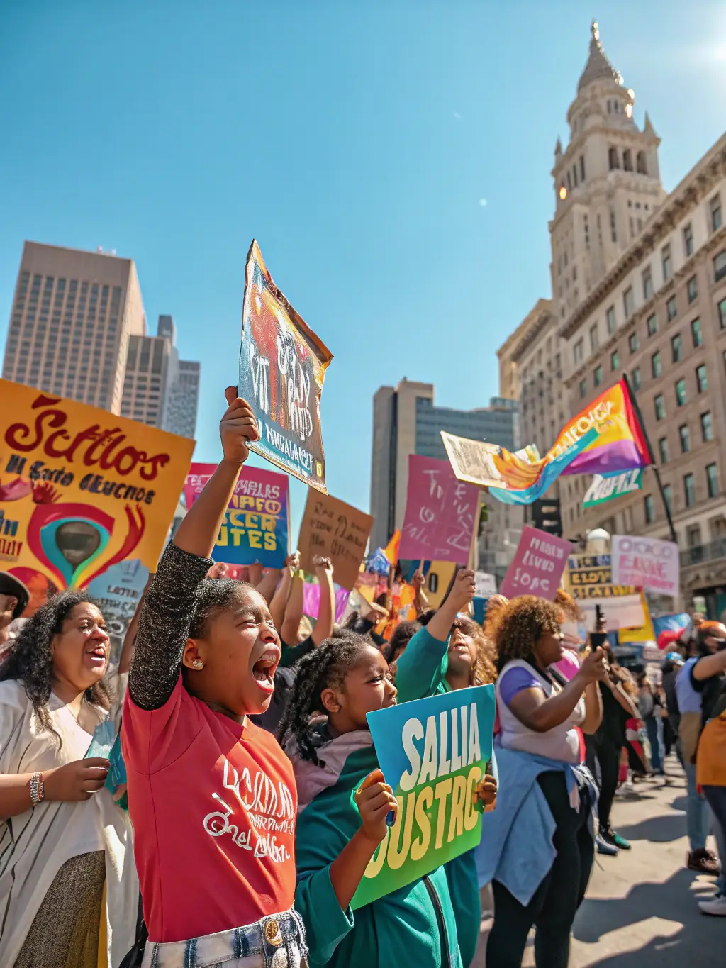 A dynamic image of a community rally with diverse participants holding signs and banners, advocating for social justice and equality.