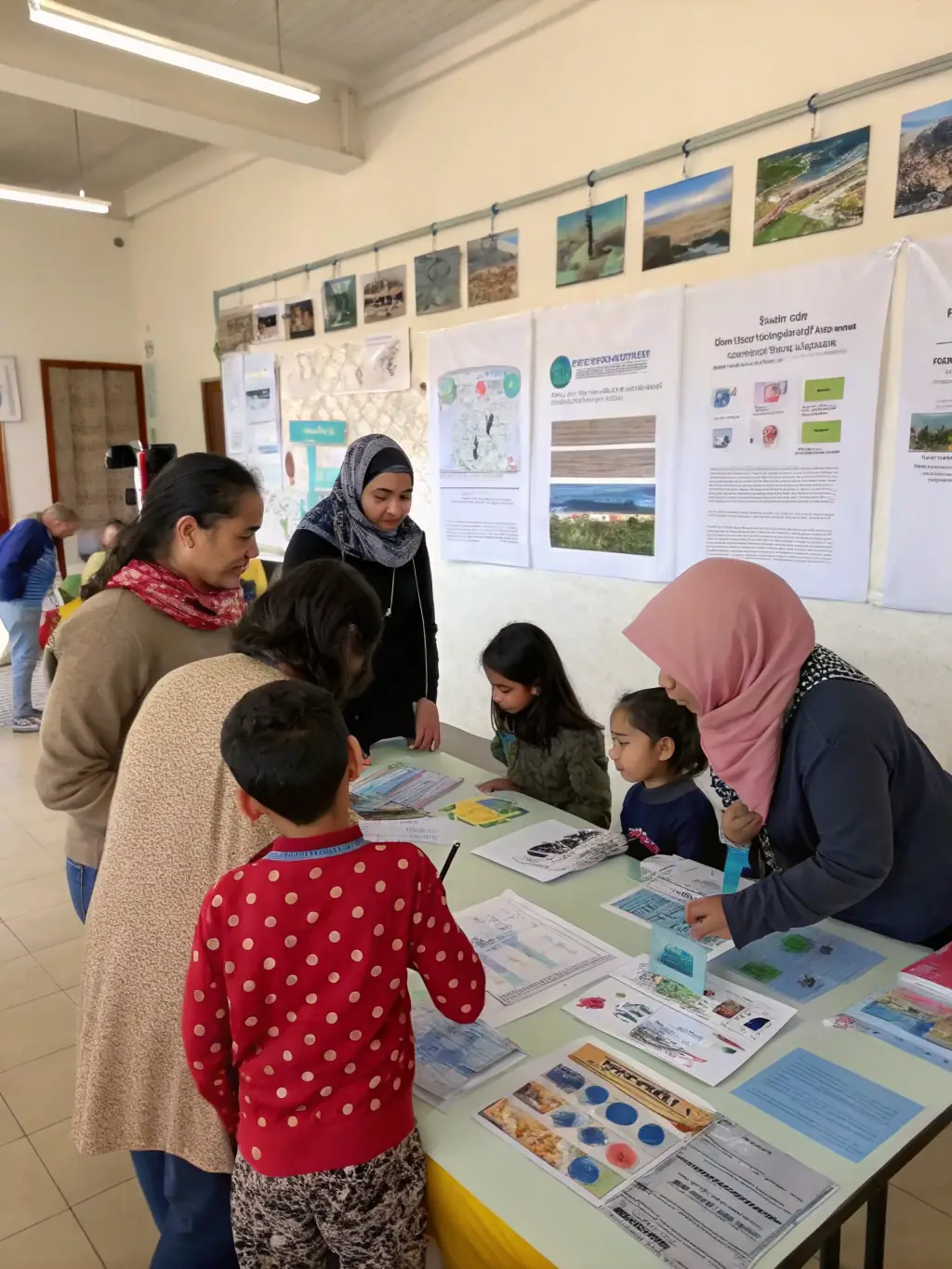 A diverse group of researchers conducting interviews in a vibrant community, collecting data and engaging with local residents to understand their needs and challenges.